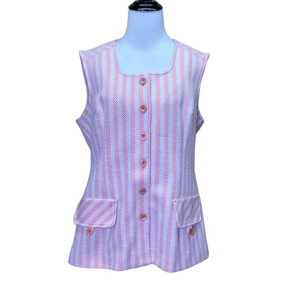 Jantzen Vintage Pink Striped Button Up Knit Golf Vest 70's Size 16 - Picture 1 of 9